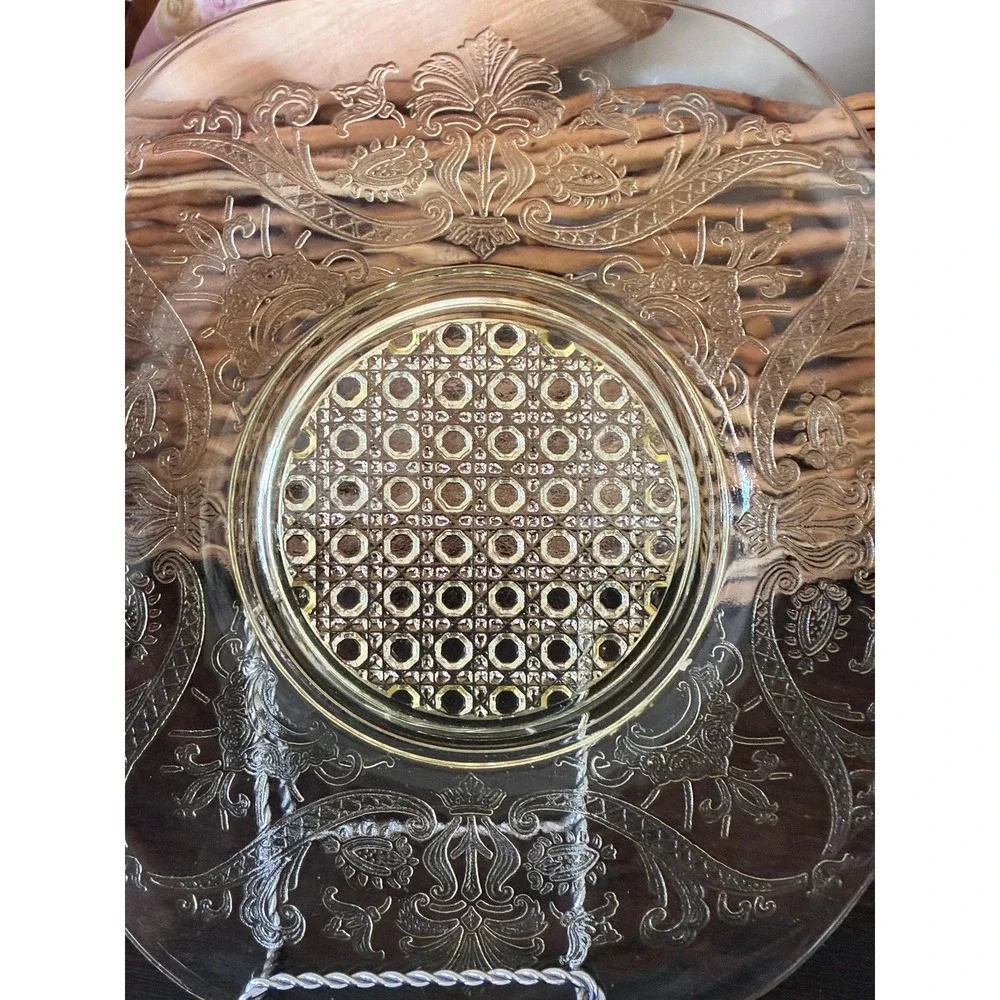 Yellow Pressed‎ Glass Round Platter with Handles Decorative Serving Piece